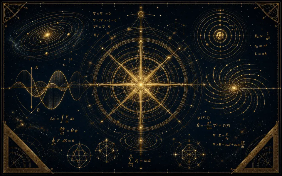 Planche codex des formules de l'Empire : orbites, onde électromagnétique, atome et champ de vecteurs en filets d'or