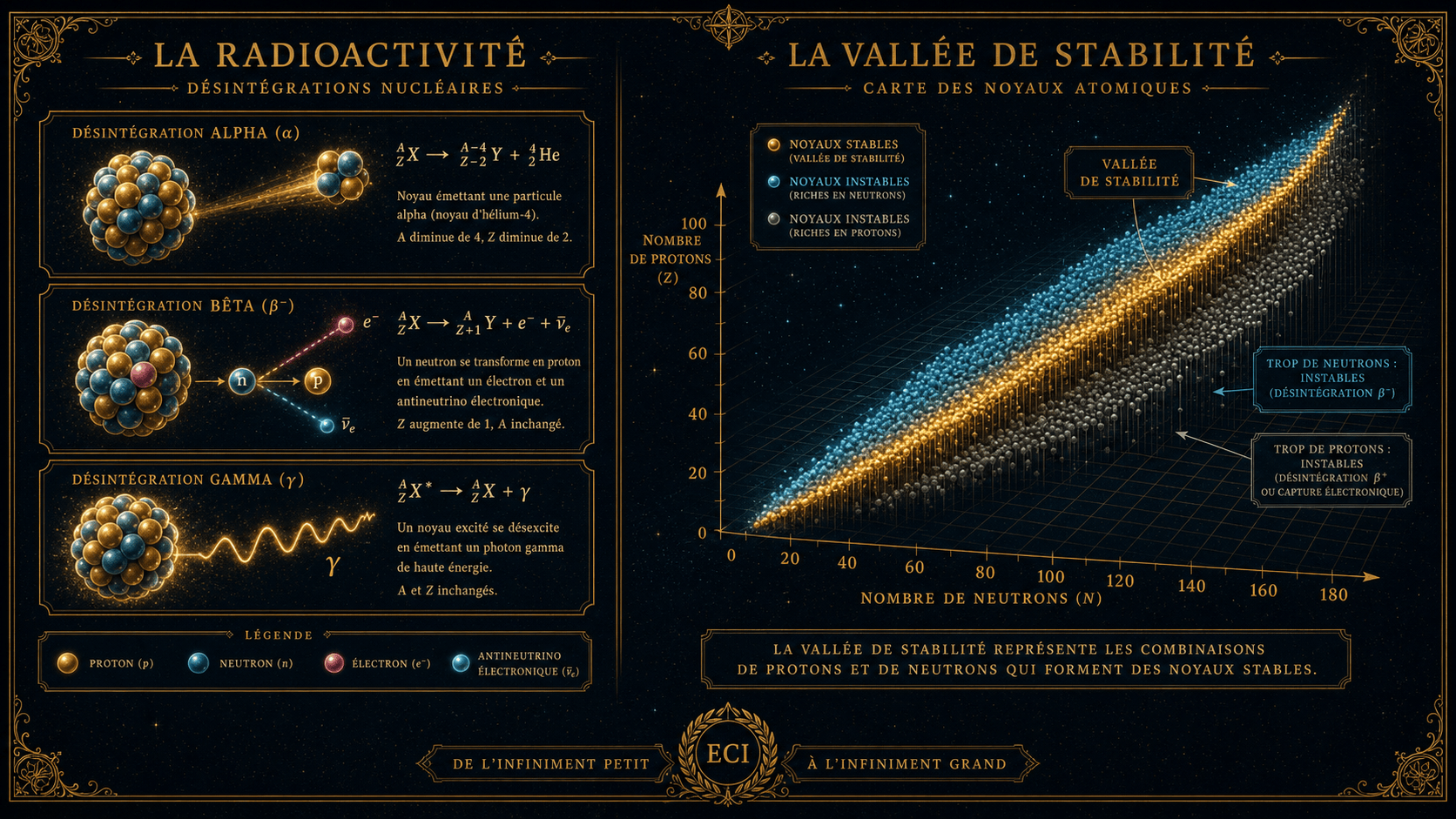 Désintégrations alpha, bêta et gamma, et la vallée de la stabilité des noyaux