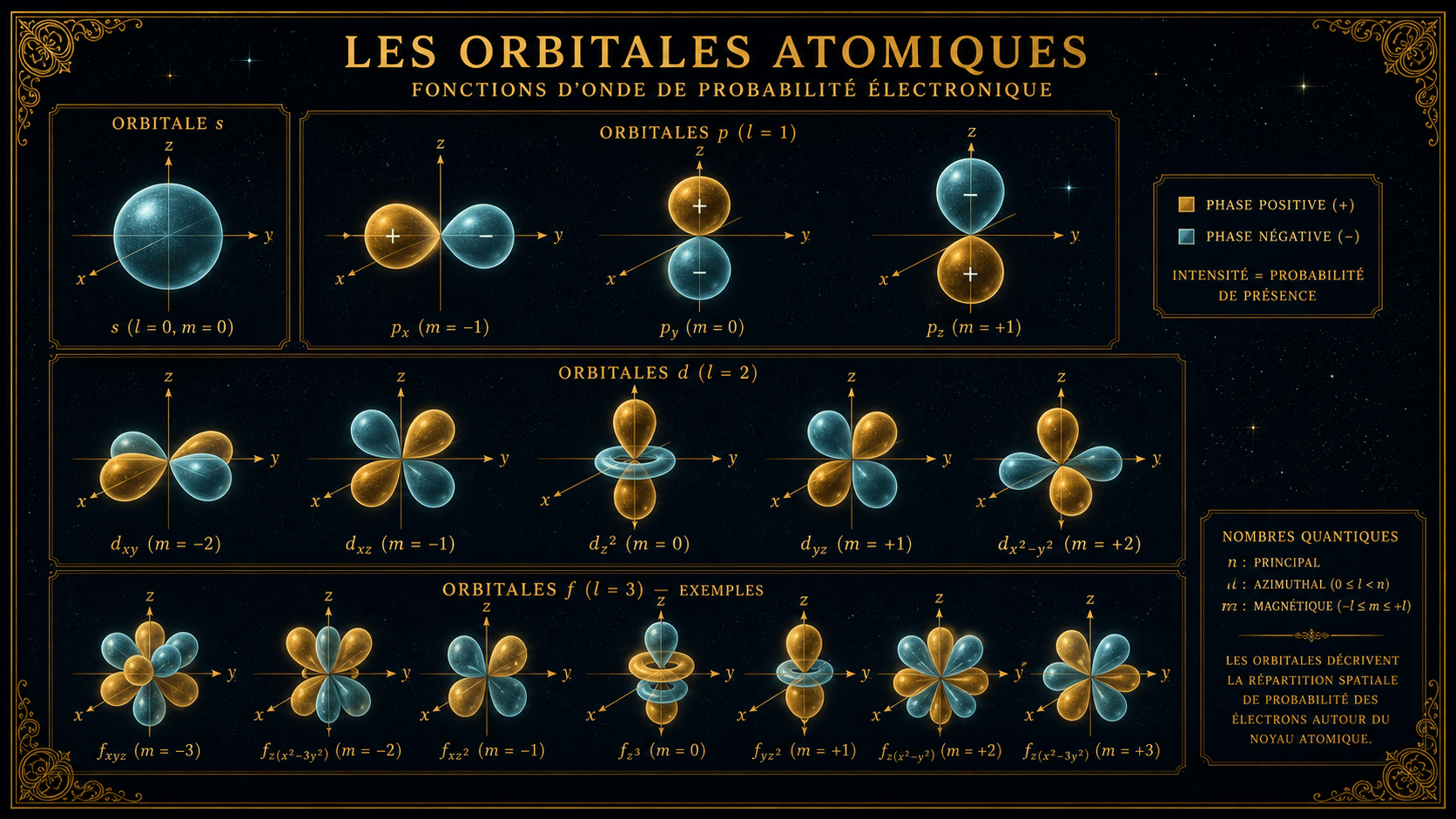 Formes 3D des orbitales atomiques s, p, d, f