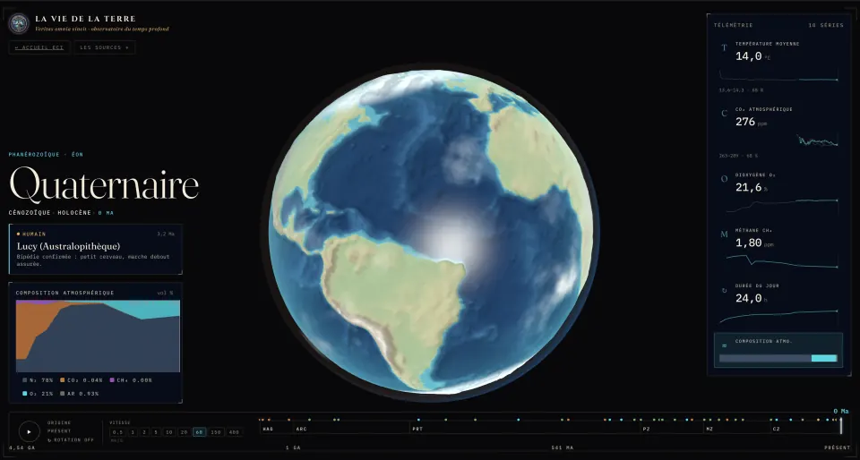 Capture de l'application La Vie de la Terre : globe, frise du temps profond et télémétrie scientifique