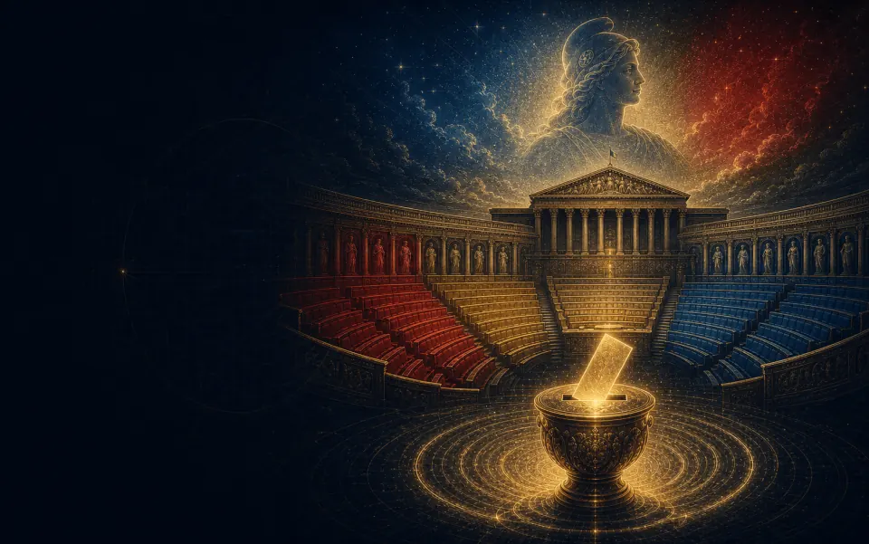 Un hémicycle parlementaire doré divisé en quatre blocs, un bulletin glissé dans l'urne : comprendre la politique française en 2026