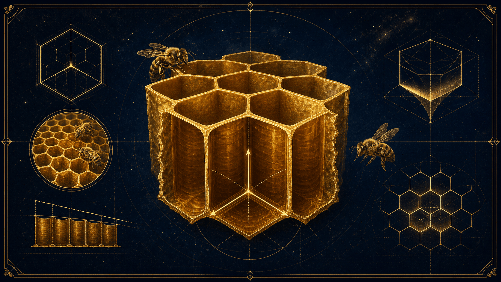 Schéma codex de la géométrie de l'alvéole : cellules hexagonales dorées, angle interne de 120° et inclinaison vers le haut.