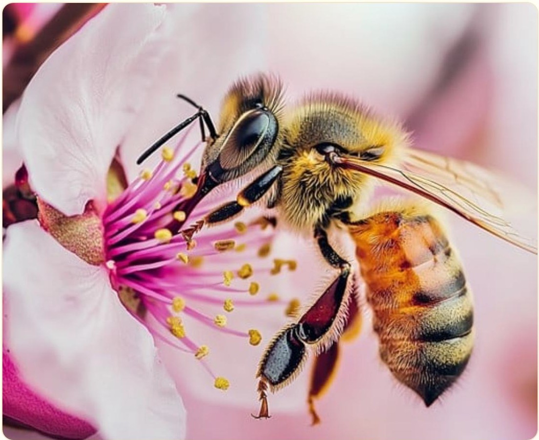 Une abeille butine une fleur rose d'amandier, couverte de pollen, trompe déployée.