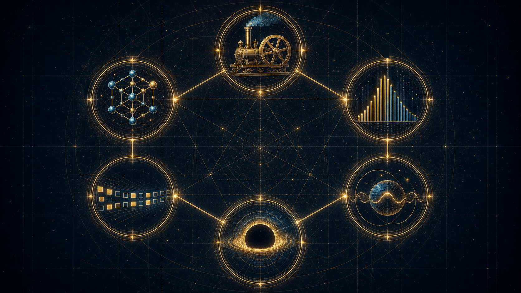 Six emblèmes d'entropie en constellation dorée : machine à vapeur, réseau de particules, histogramme de probabilités, flux de bits, sphère quantique, horizon de trou noir.