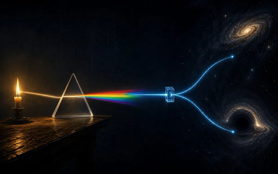 Une bougie éclaire un prisme qui disperse sa lumière en spectre ; le faisceau entre dans un cristal non linéaire et en ressort en deux trajectoires de photons intriqués vers une galaxie et un trou noir