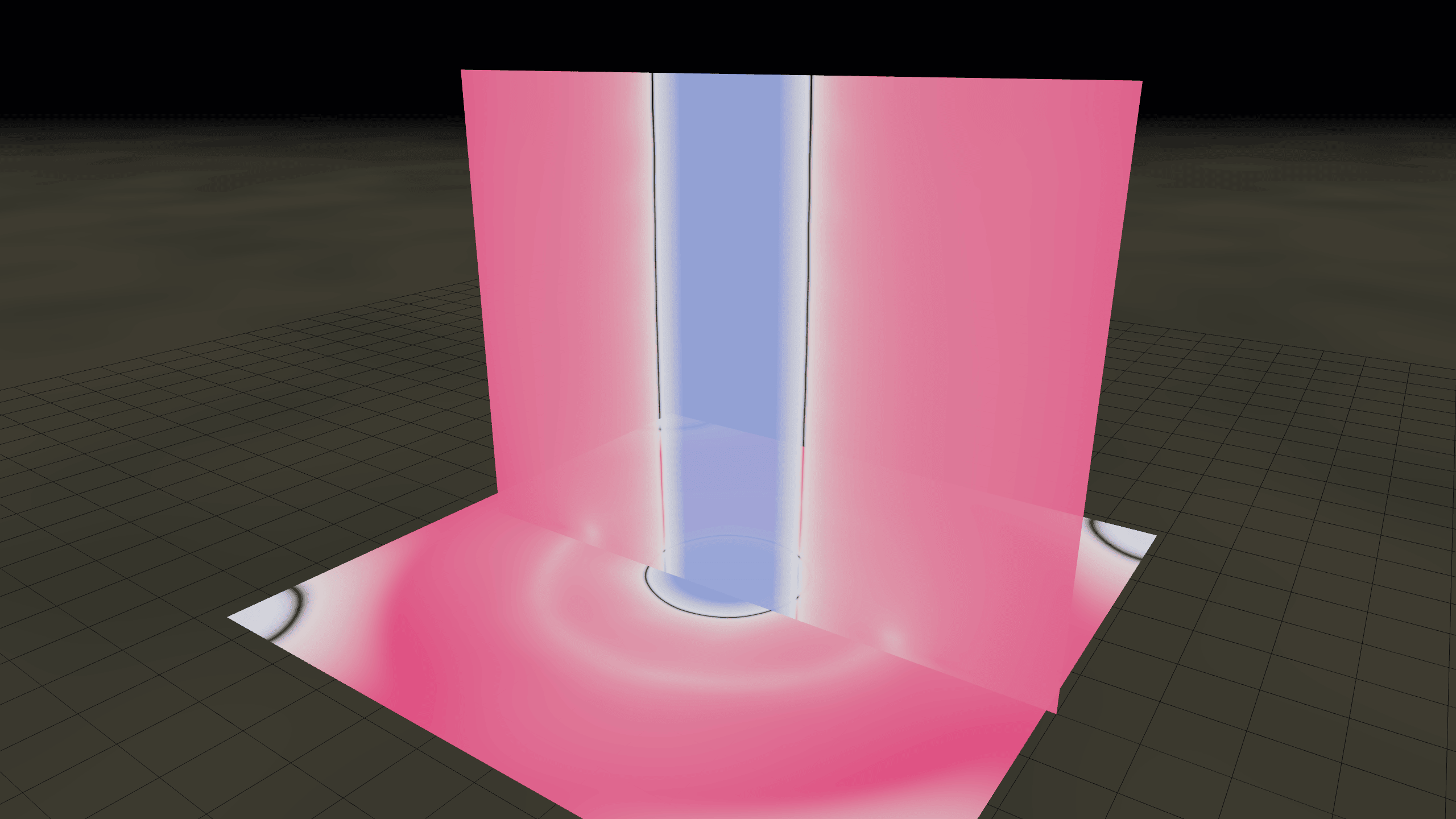 Capture réelle de la simulation : la coupe de pression, une colonne bleue (déficit cyclostrophique) le long de l'axe, entourée de l'afflux rose convergent au sol.