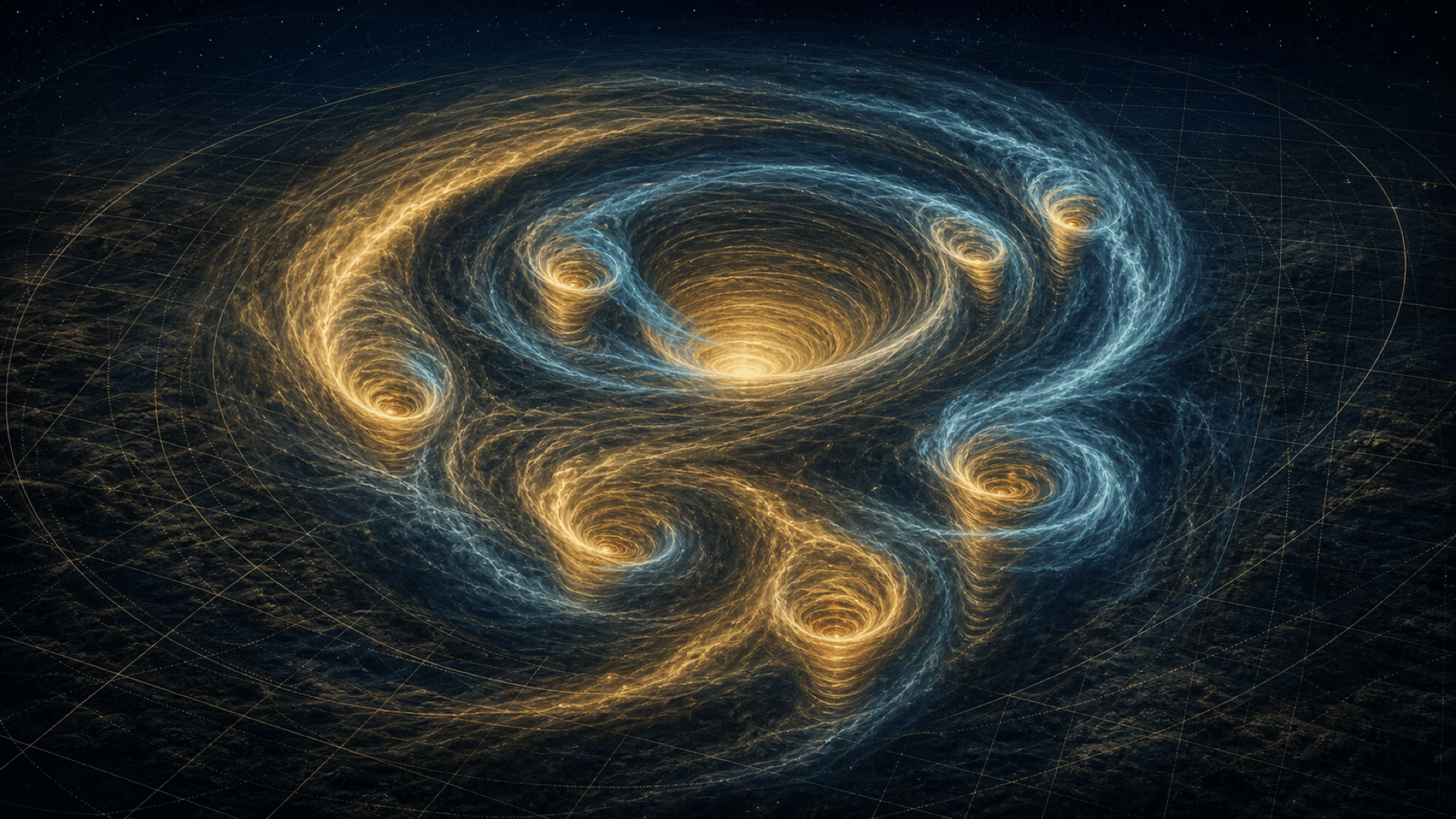 Tornade multi-vortex : plusieurs sous-tourbillons (suction vortices) orbitant autour de l'axe d'un vortex parent, rendus comme des filaments lumineux en spirale.
