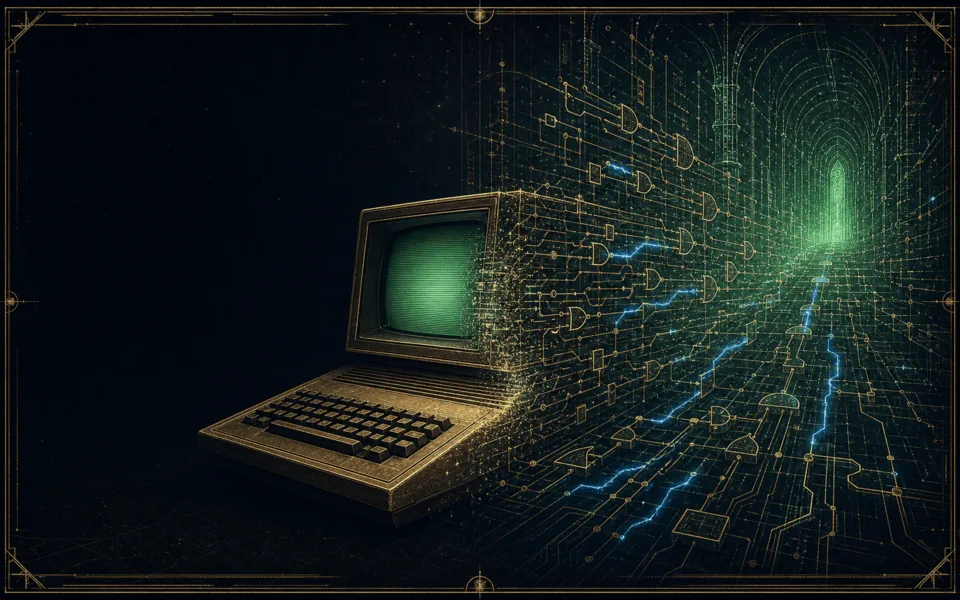 Petit ordinateur des années 1980 dans l'obscurité, se dissolvant à droite en une immense voûte de portes logiques dorées et vertes