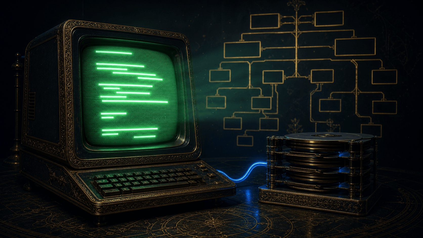 Terminal à phosphore vert dans une pièce sombre, écran bombé, scanlines, plateaux de stockage à côté, arborescence dorée en arrière-plan.