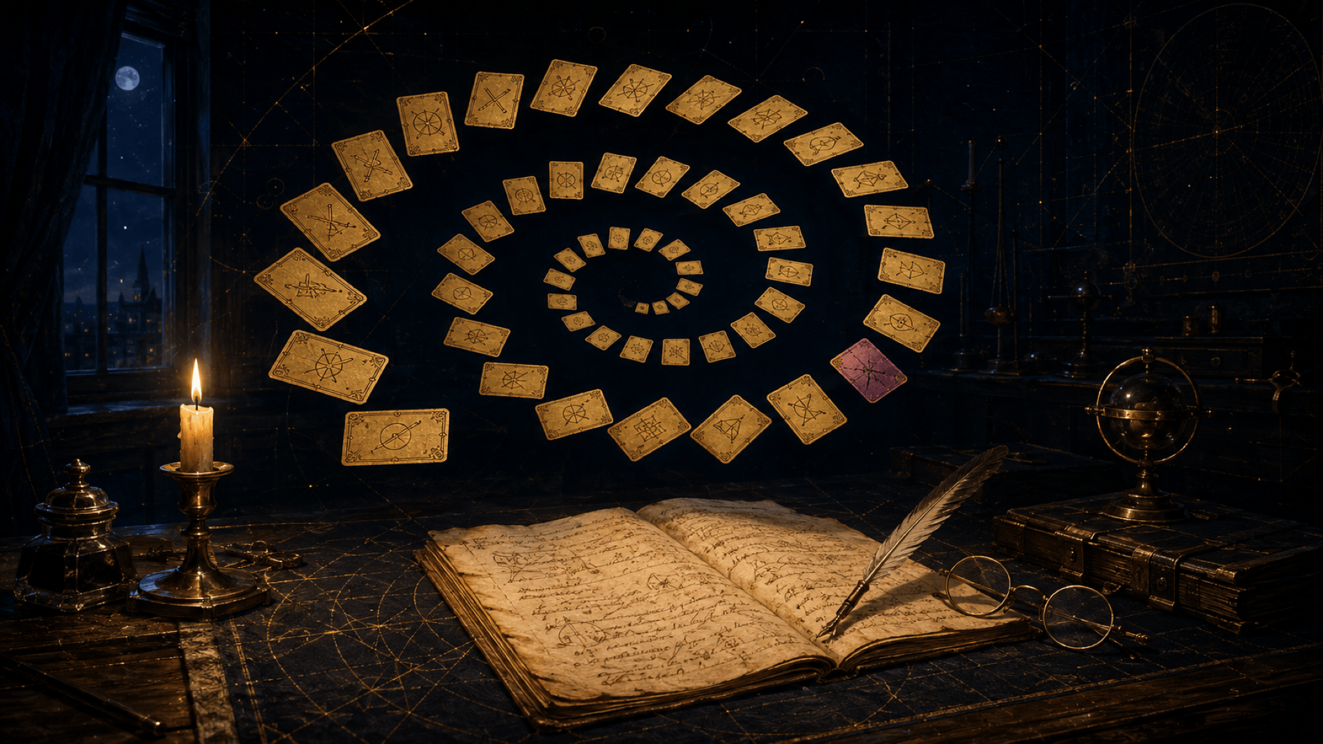 Un bureau d'écriture du début du XIXe siècle la nuit ; au-dessus, trente-huit petites cartes gravées d'or flottent en spirale, comme un jeu de coups d'escrime.
