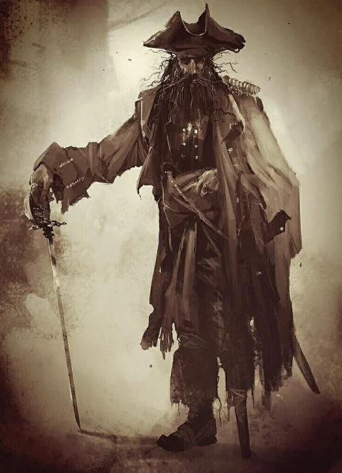 Silhouette éditoriale d'un corsaire à jambe de bois évoquant François Le Clerc.