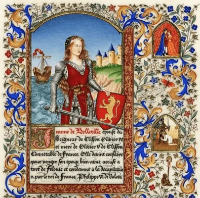 Vignette enluminée représentant Jeanne de Belleville en robe rouge.
