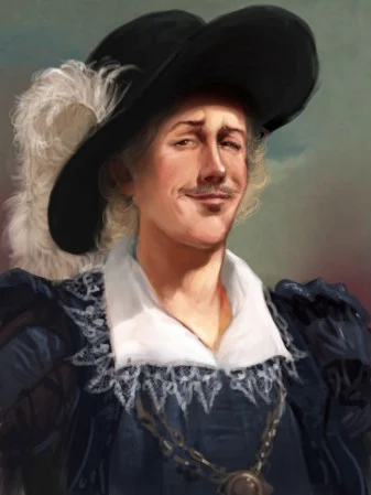 Vignette peinte représentant Laurens de Graff en tenue du dix-septième siècle.