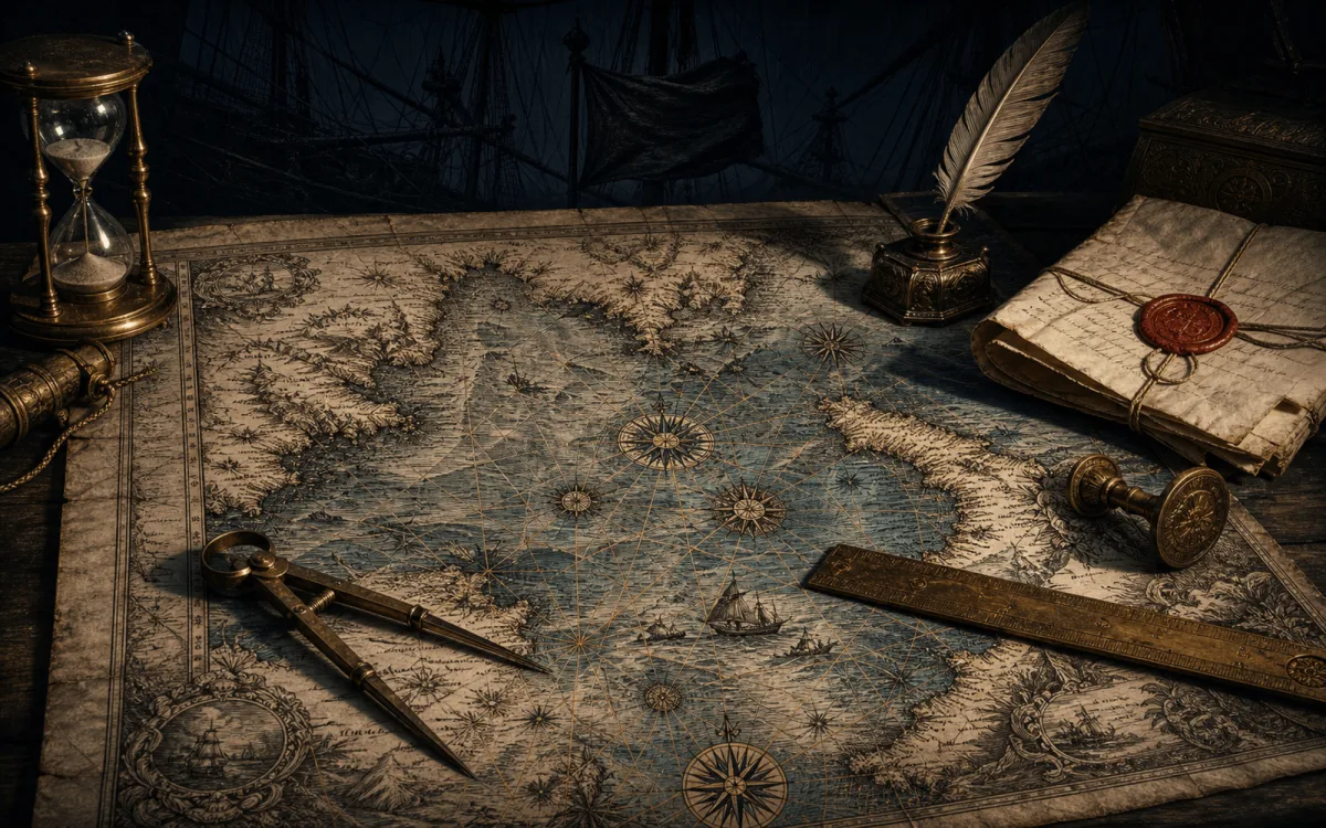 Carte marine ancienne déployée sur une table sombre, compas, sablier, plume et acte juridique scellé de cire rouge