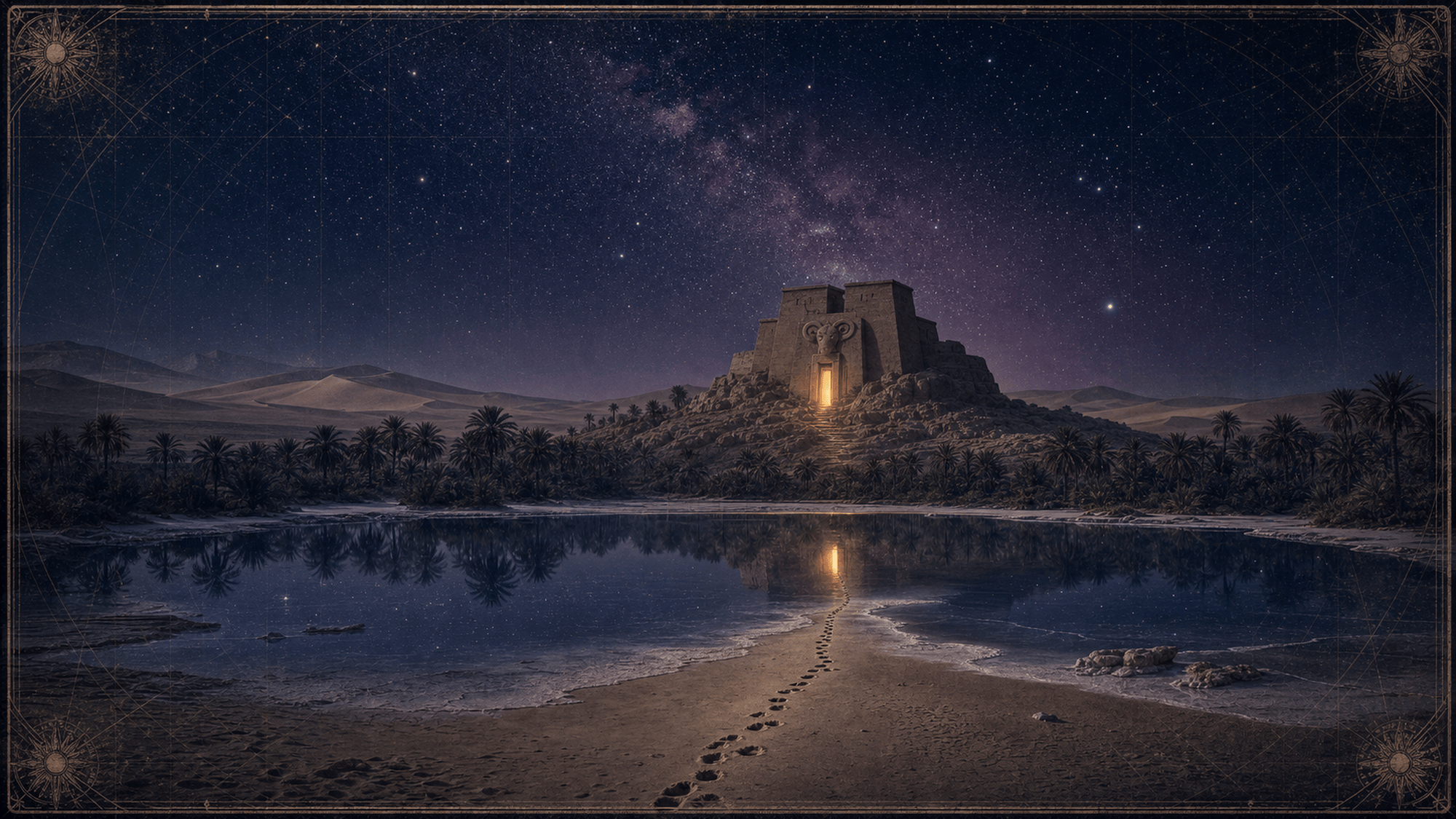 L'oasis de Siwa la nuit : un temple égyptien sur un éperon rocheux, une porte éclairée en or, palmeraie et lac salé reflétant les étoiles, traces de pas dans le sable