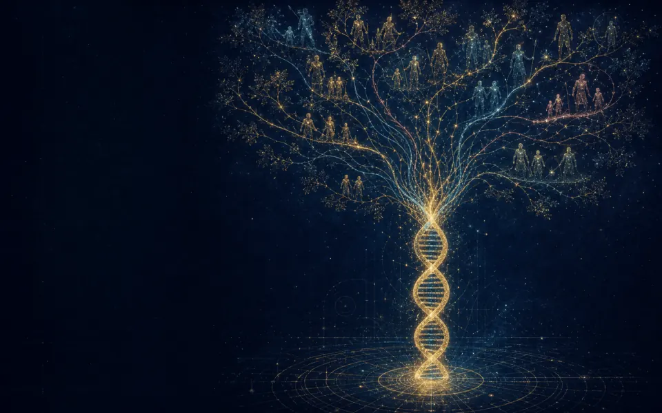 Double hélice d'ADN dorée se ramifiant en un arbre des lignées humaines : Ève mitochondriale, Adam chromosome Y et LUCA