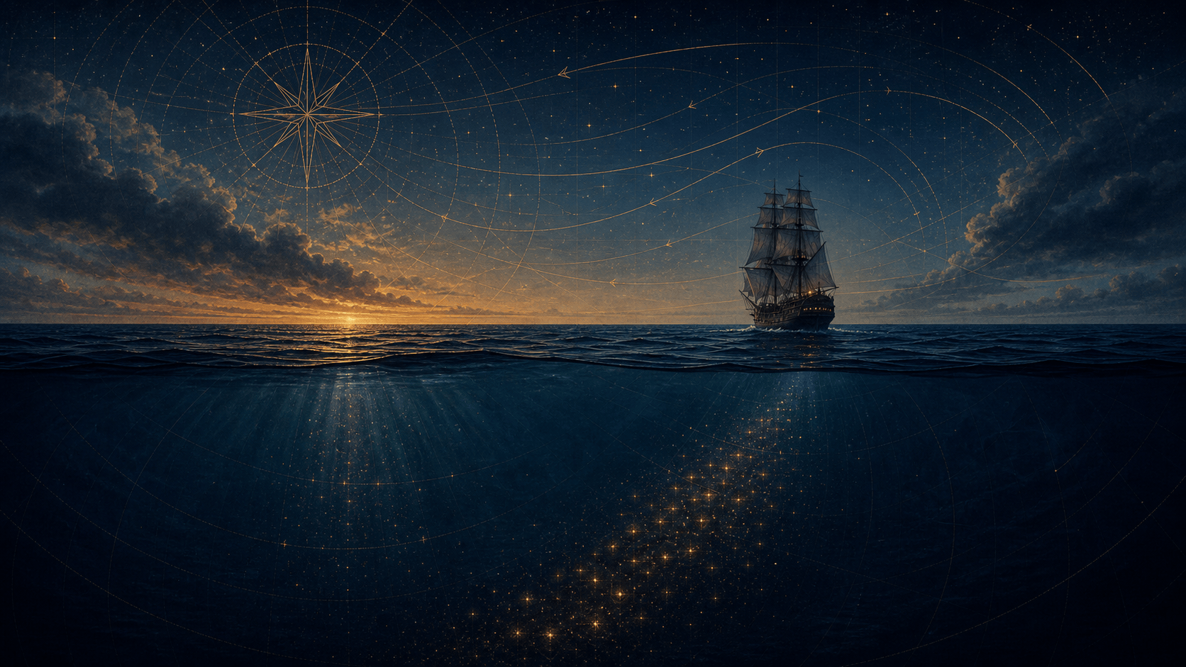 Un navire solitaire traversant l'Atlantique au crépuscule ; sous la ligne de flottaison, des points de lumière dorée descendent dans l'abîme, en mémoire des vies perdues