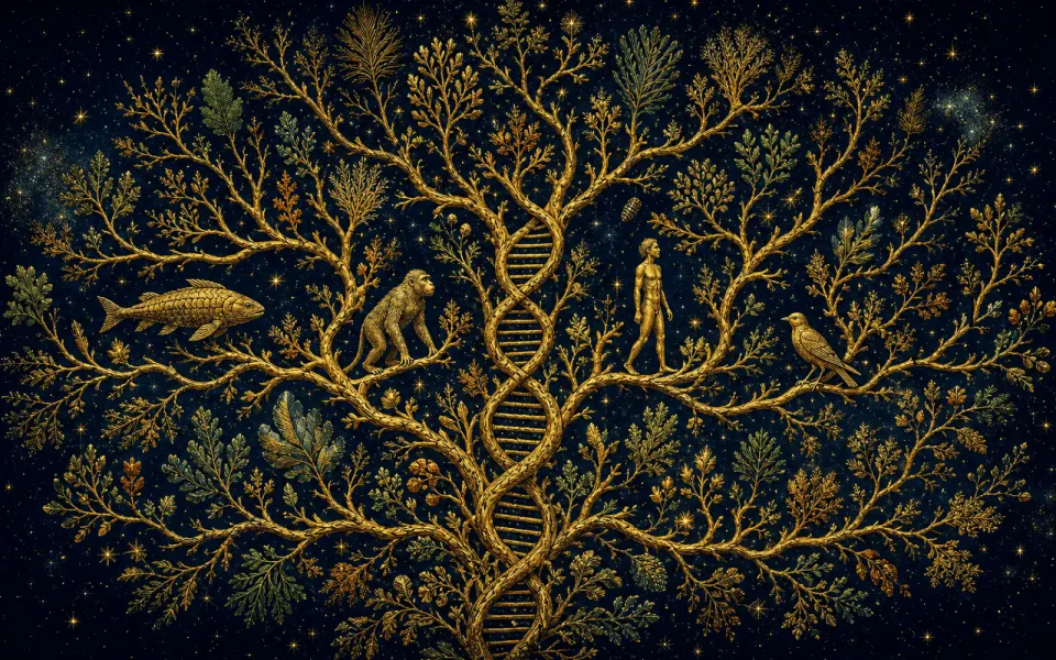 Un arbre-corail doré du vivant, tronc en double hélice d'ADN, avec un poisson, un primate, un humain et un oiseau sur des branches voisines : l'évolution est un buisson, pas une échelle