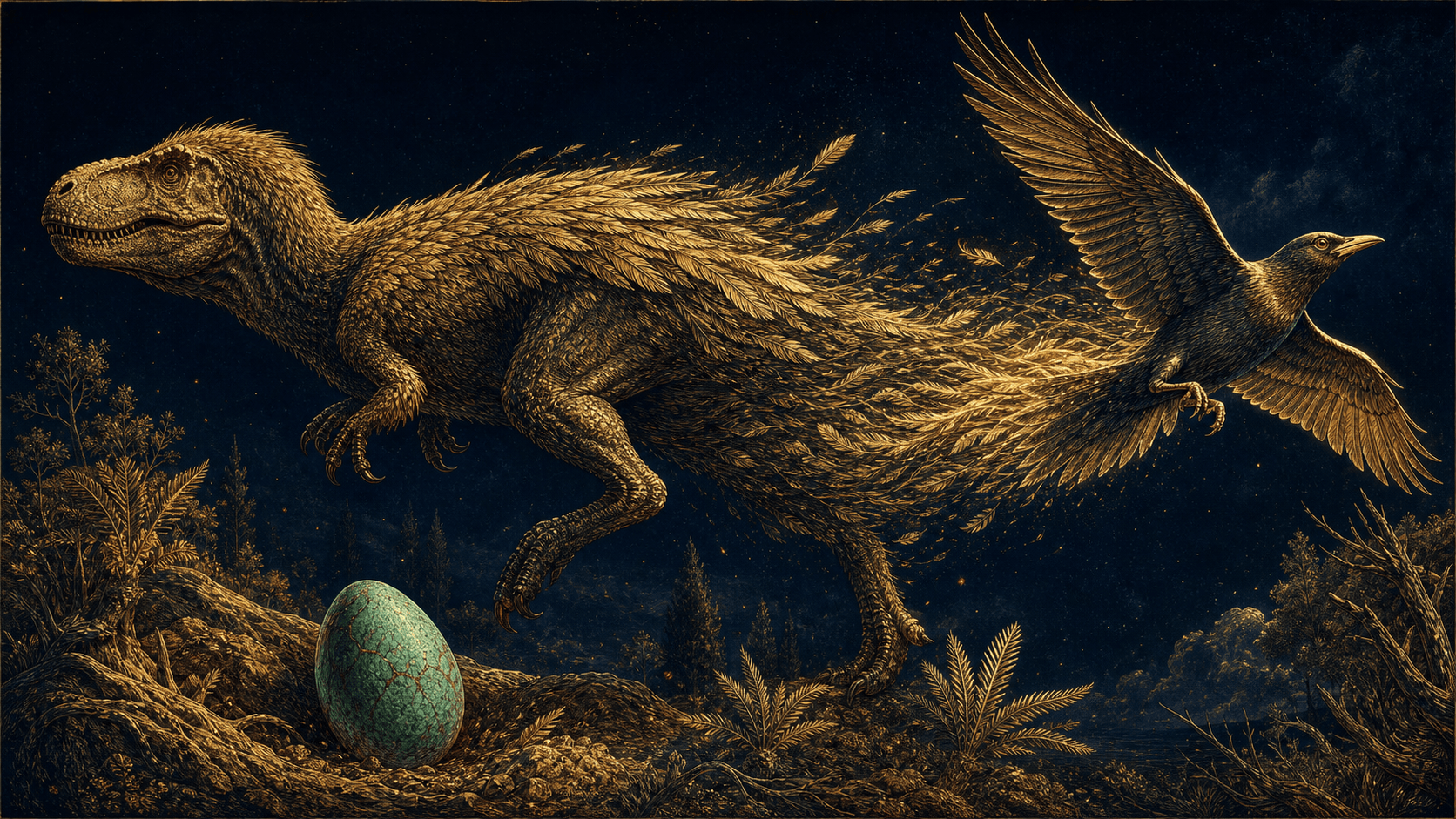 Un théropode emplumé dont la silhouette se prolonge en oiseau prenant son envol, avec un œuf fossilisé bleu-vert au premier plan : les oiseaux sont des dinosaures
