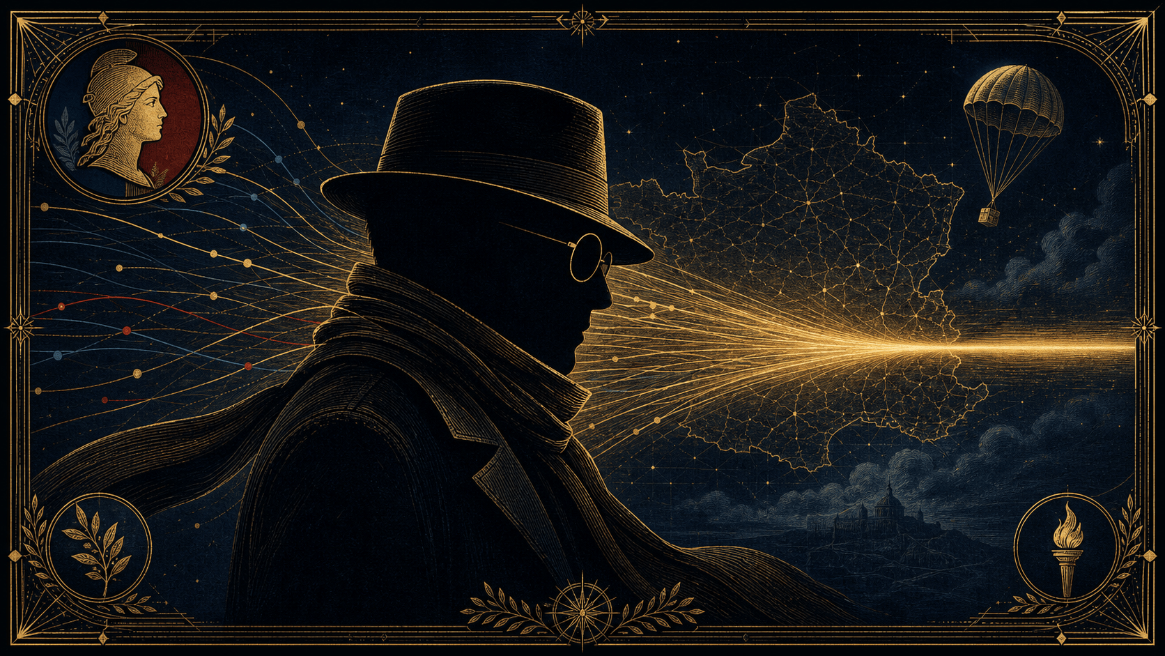 Silhouette symbolique de Jean Moulin à l'écharpe, au chapeau et aux lunettes, de multiples fils convergeant en un seul faisceau derrière lui : l'unification de la Résistance