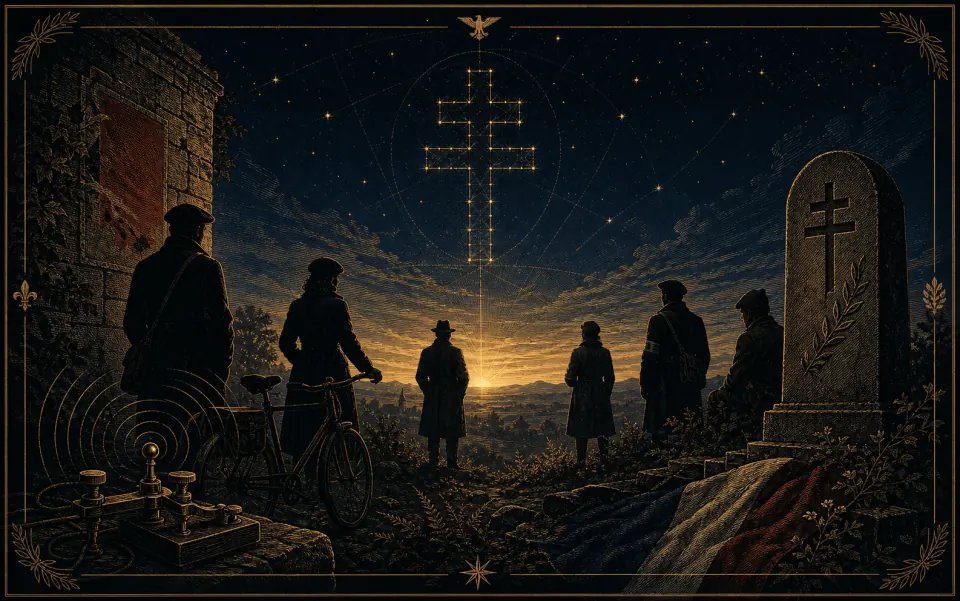 Silhouettes de résistants à l'aube, croix de Lorraine dorée et affiche rougie : Les Résistants, portraits de courage entre Histoire et Vérité