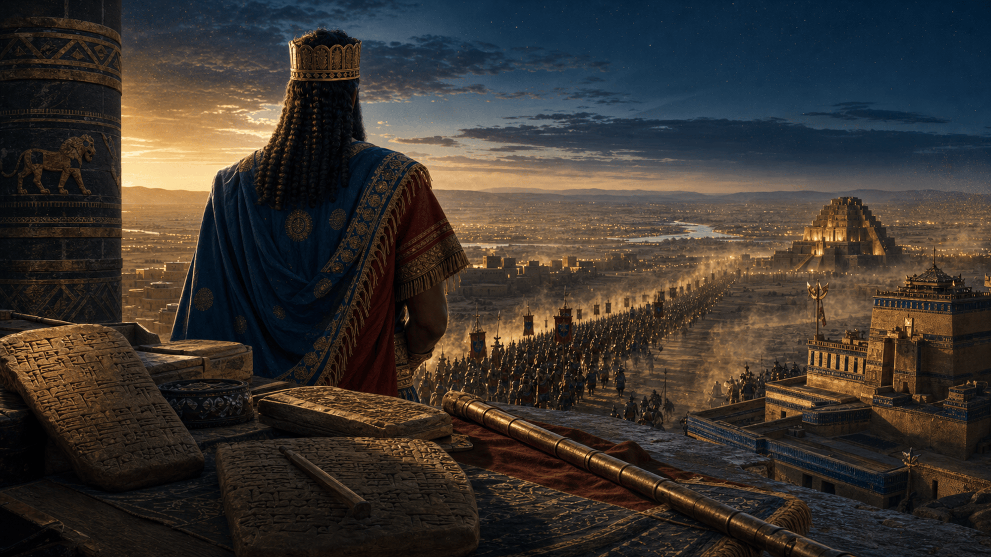 Sargon d'Akkad, de dos sur une terrasse au crépuscule, dominant une plaine où scintillent des cités-États et où s'avance une colonne d'armée ; au premier plan, des tablettes cunéiformes