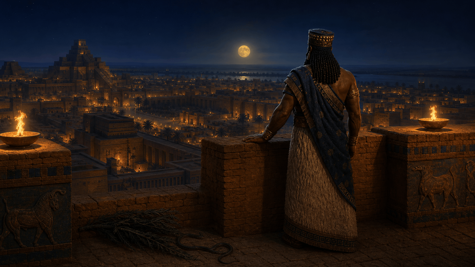 Un roi sumérien contemple sa cité depuis les remparts de briques d'Uruk, sous une lune basse — la mélancolie de Gilgamesh après la mort d'Enkidu