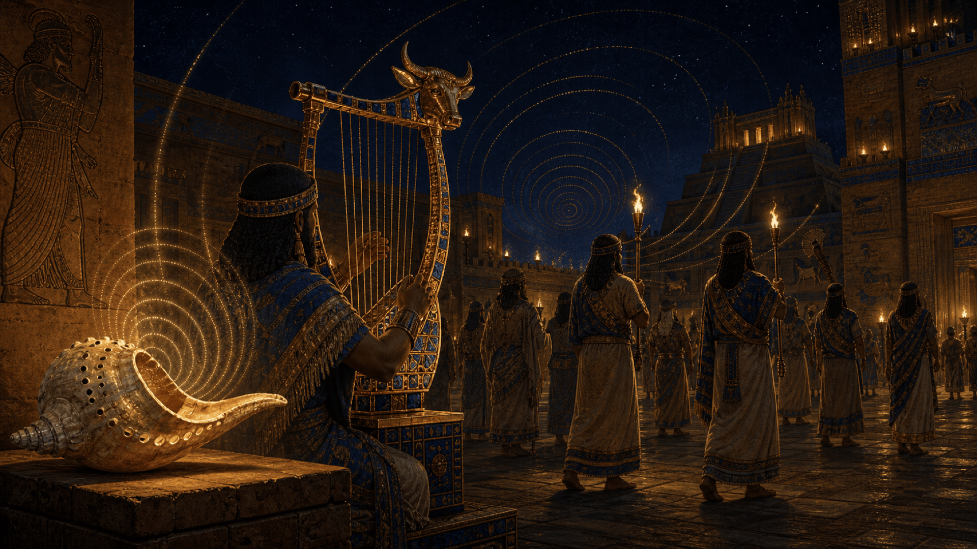 Un musicien joue une grande lyre d'Ur incrustée de lapis-lazuli dans une cour de temple éclairée aux torches ; le son visualisé en anneaux dorés