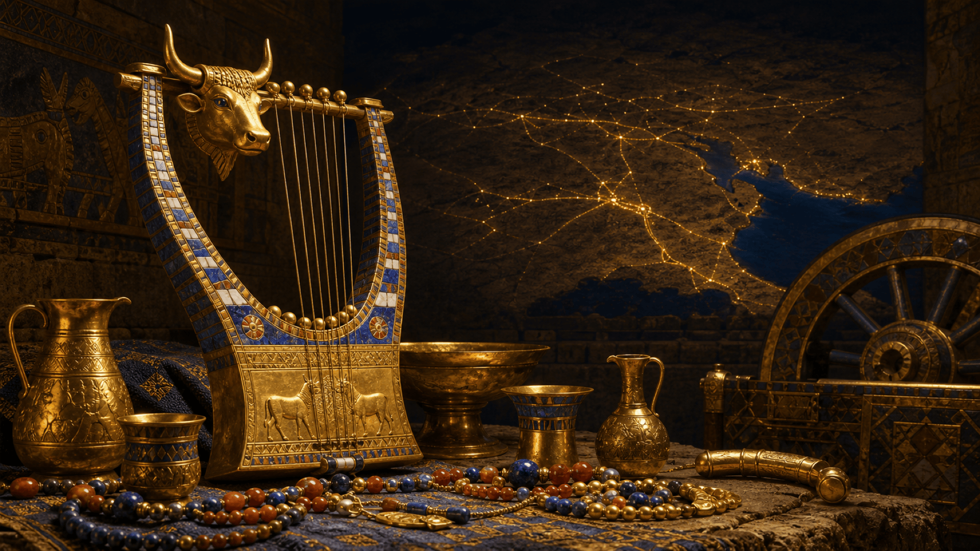Une chambre funéraire royale d'Ur éclairée à l'or : lyre à tête de taureau incrustée de lapis-lazuli, perles de cornaline, routes commerciales suggérées vers le golfe Persique