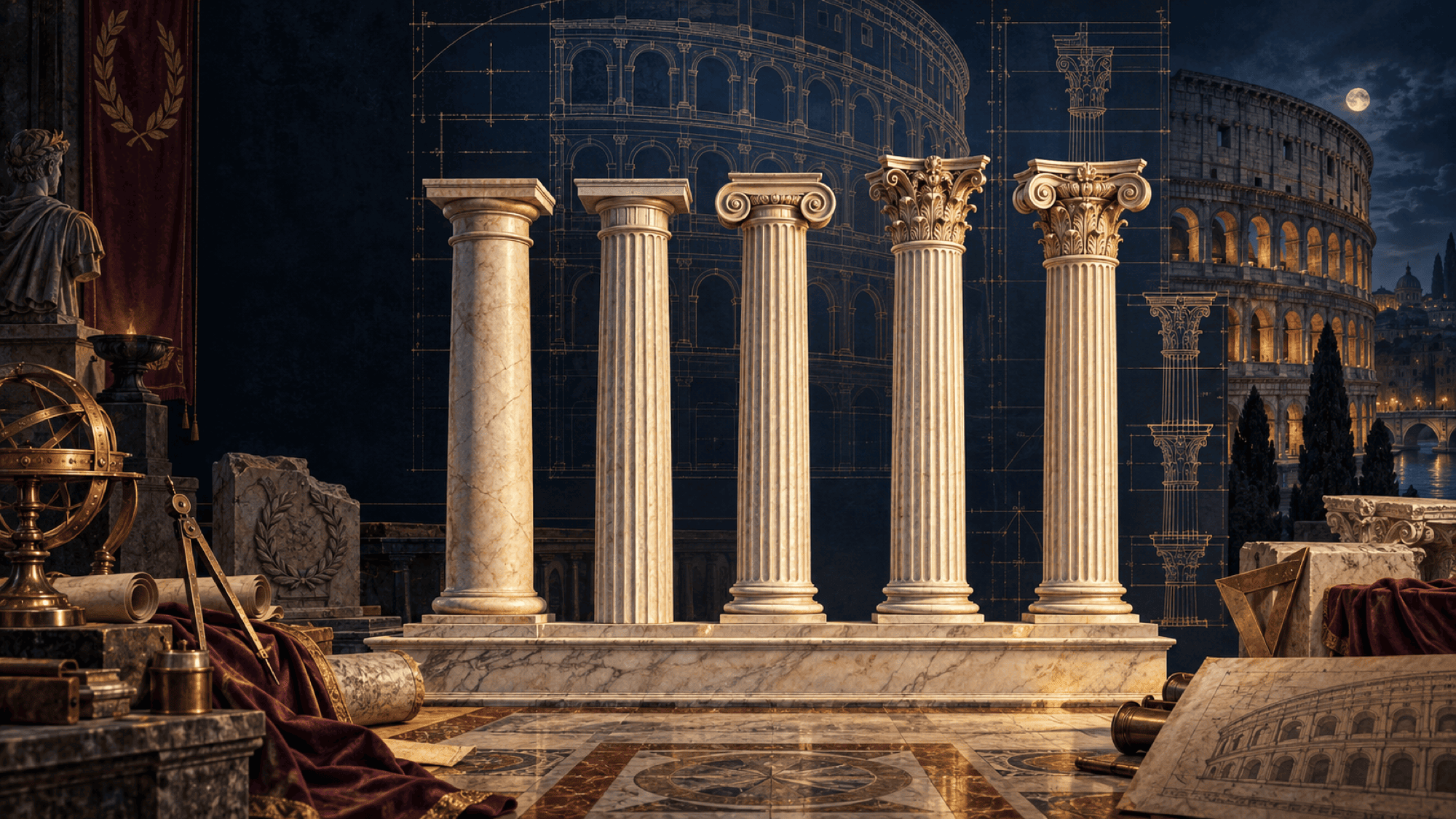 Planche architecturale : cinq colonnes classiques côte à côte sur un podium de marbre — toscane, dorique, ionique, corinthienne, composite — devant une élévation fantôme du Colisée