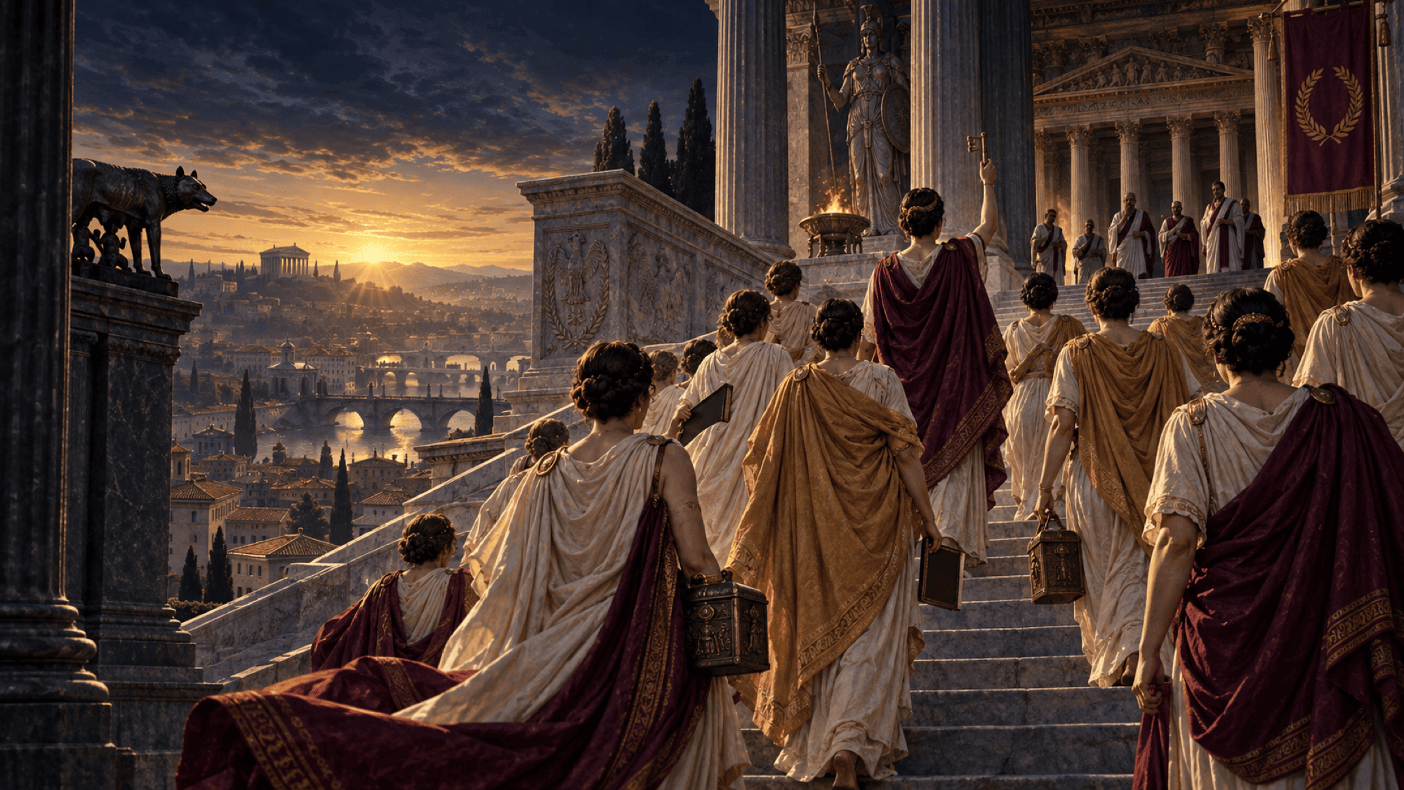 Une foule de matrones romaines en stola et palla gravissant à l'aube les marches du temple du Capitole, vues de dos ; au sommet, des magistrats en toge, petits et hésitants