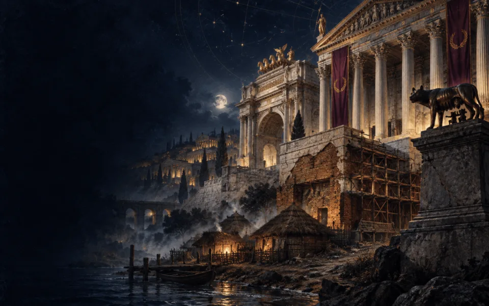 Une façade de forum romain en marbre, la nuit, dont le placage se fissure et révèle la brique, les échafaudages et, tout en bas, des cabanes de bergers au bord d'un gué