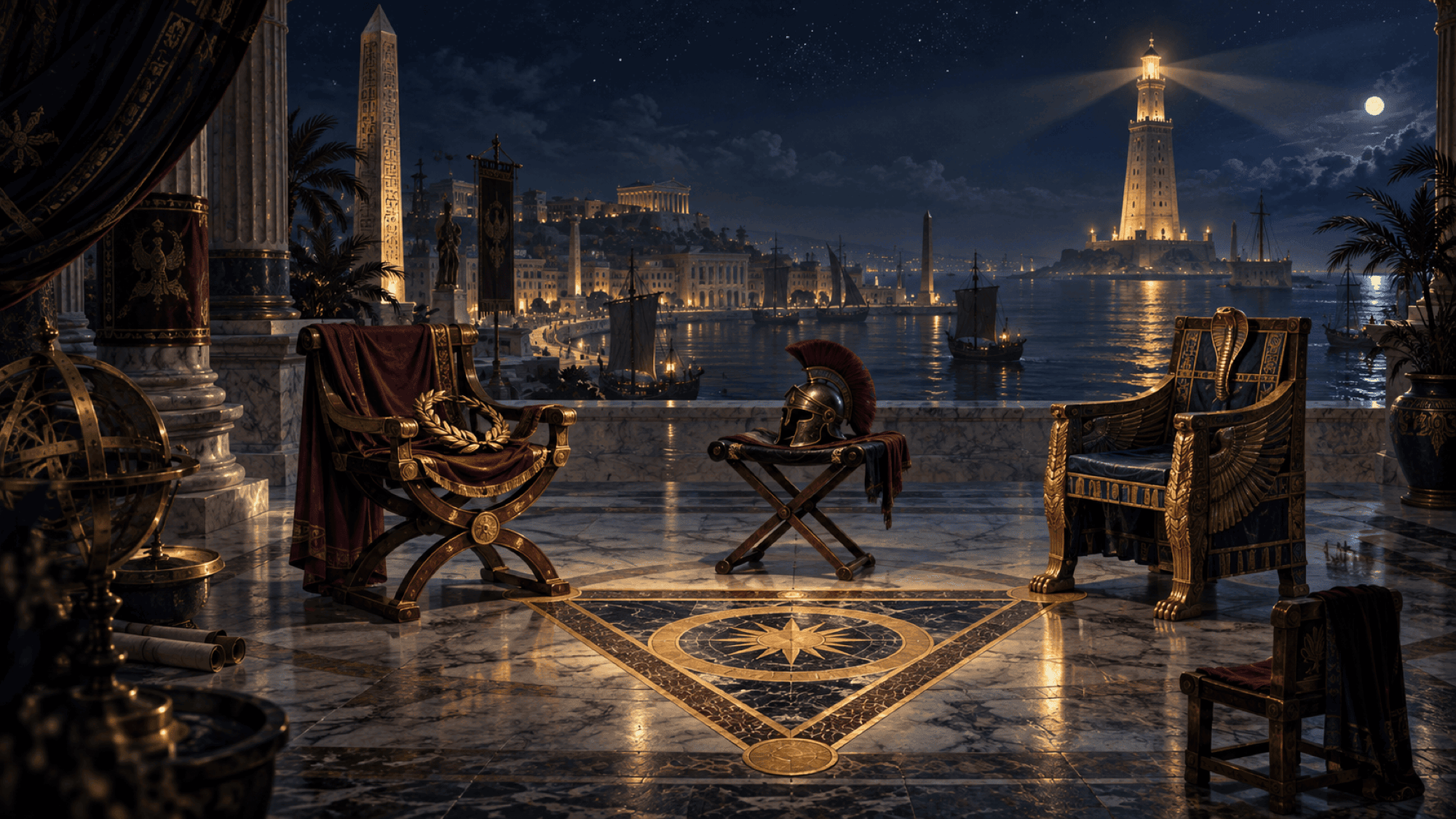 Le port d'Alexandrie la nuit, le phare au loin ; sur une terrasse de marbre, trois sièges vides en triangle — chaise curule, tabouret de soldat, trône ptolémaïque — et un petit quatrième siège d'enfant dans l'ombre