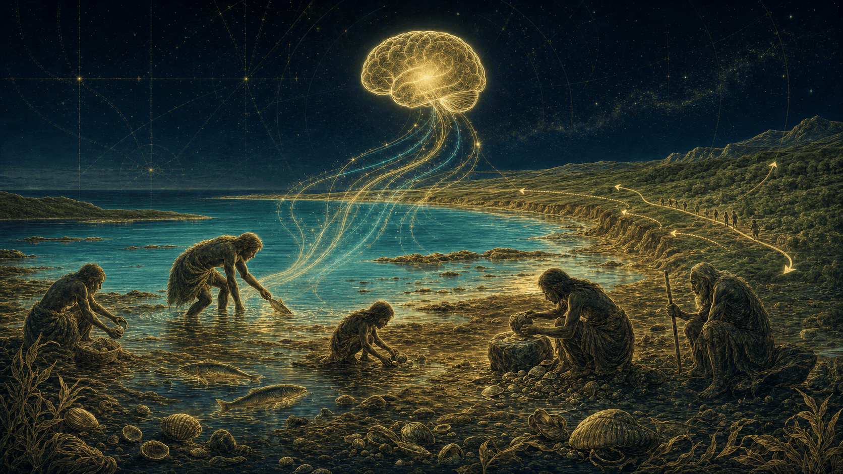 Une famille d'humains préhistoriques ramasse des coquillages sur un rivage doré ; des fils de lumière (Oméga-3 / DHA) remontent vers une silhouette de cerveau